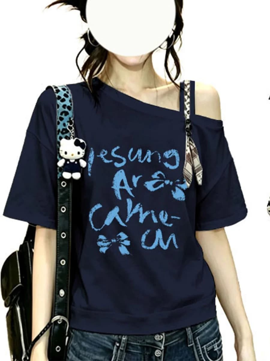 New Summer Women's Ribbon Slant Shoulder Short Sleeve T-Shirt Loose Versatile Design Comfortable Breathable Korean Style Print