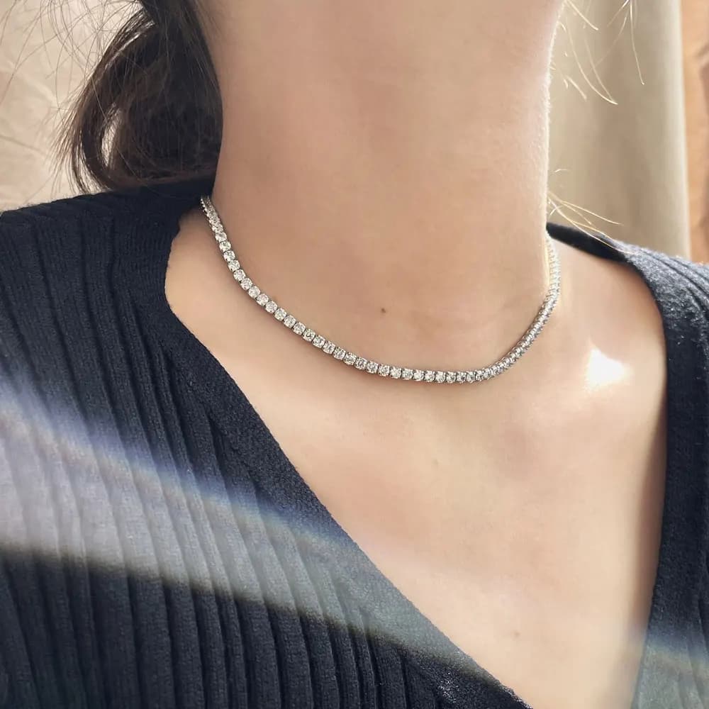 KNOBSPIN 2mm D Color VVS1 Moissanite Tennis Necklace Pass Diamond Tester S925 Sterling Silver 18K White Gold Plated Adjustable Choker Chain GRA Certified Wedding Jewelry Necklaces for Women