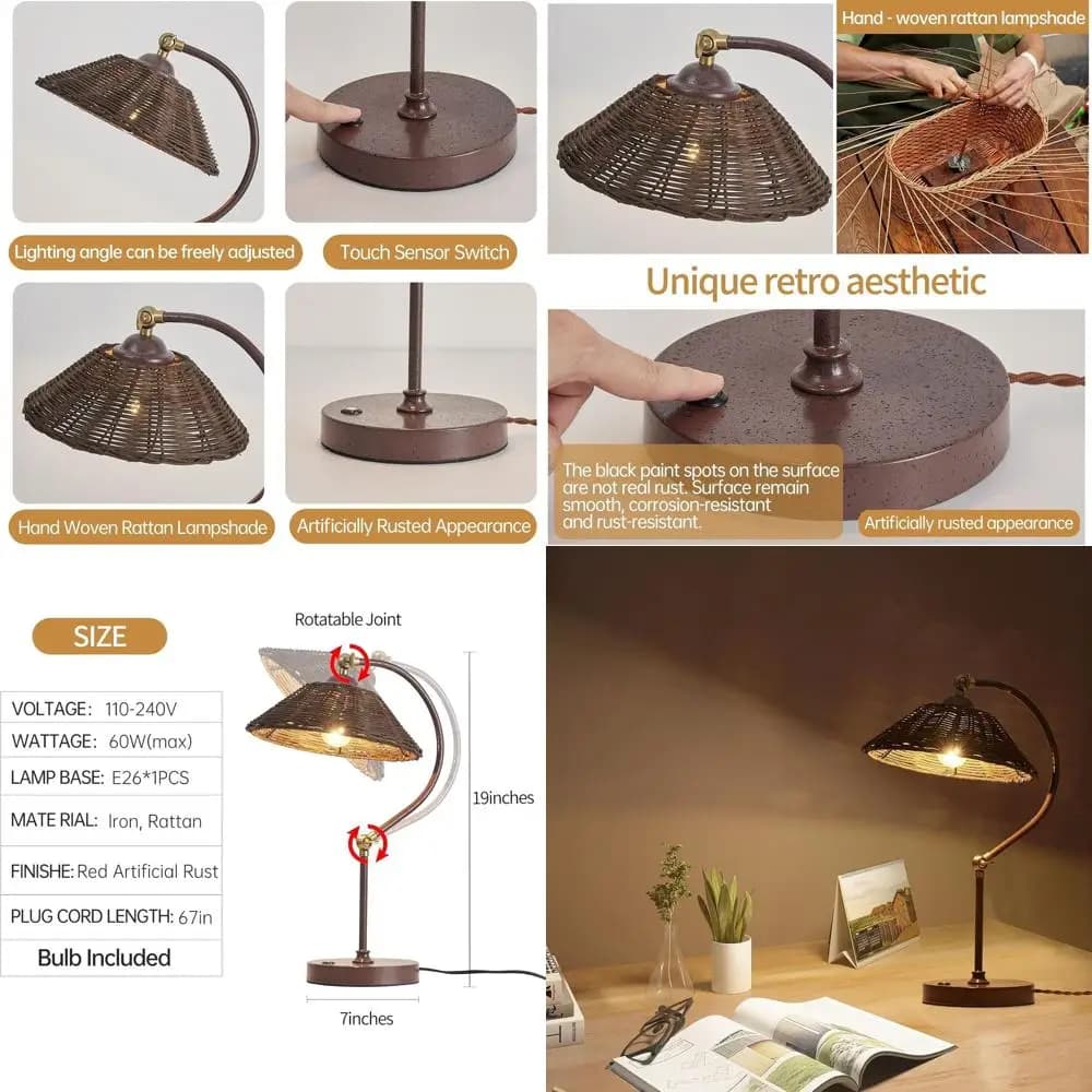 Set di 2 Lampade da Tavolo in Rattan con Paralume Artigianale e Base in Ferro Resistente alla Ruggine per Scrivania, Camera da Letto o Soggiorno, Lampadina Inclusa