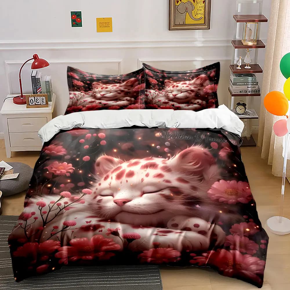 Sleeping kitten among pink flowers Duvet Cover Set with 3D Printing Design Soft Polyester Bedding Set All-Season Comfort