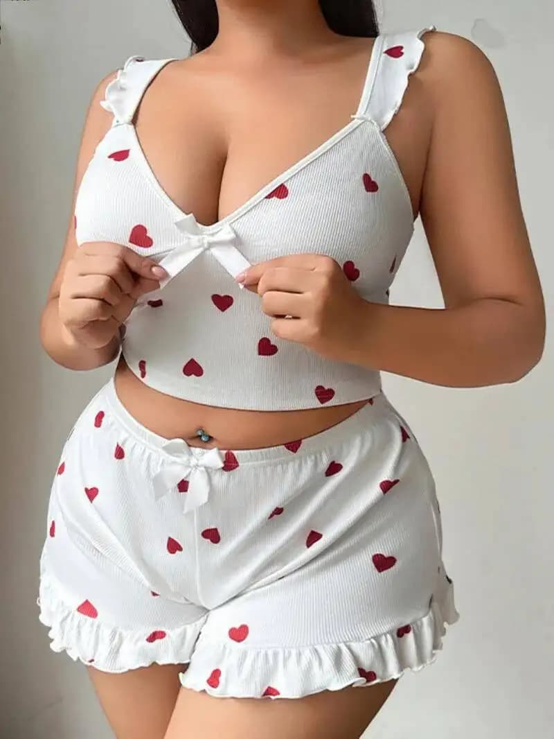 New Knitted Heart Print Fashion Camisole Shorts Pajama Two-Piece Set Homewear For Women Shorts Sets Elegant Pure Desire BPQE