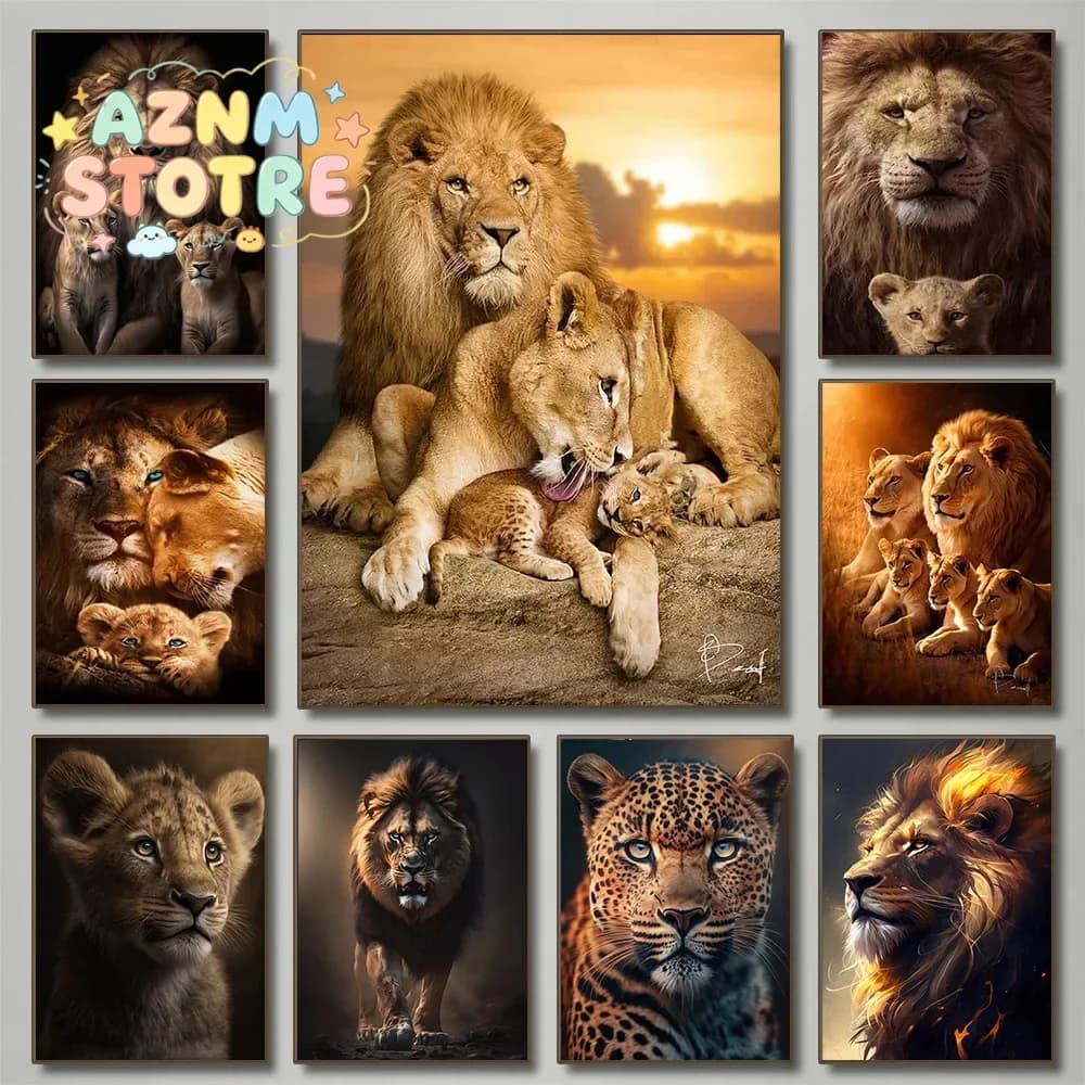 Classic Animal Aesthetics Wall Art Pictures Wild Lion Tiger and Cub Posters and Prints Canvas Painting Home Bedroom Decor Gif