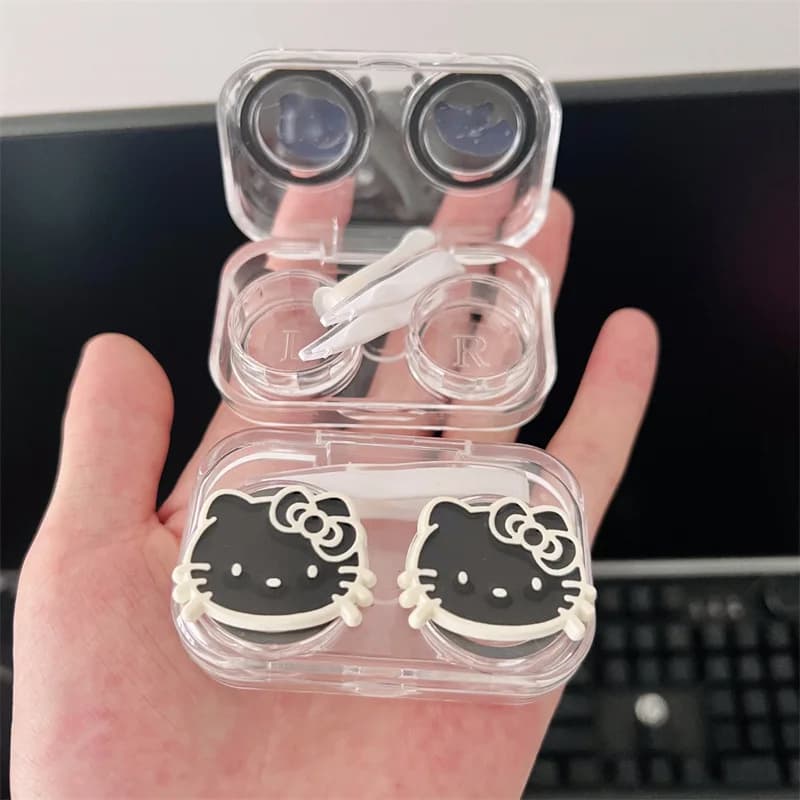 Sanrio Hello Kitty Nuovo stile Nero Bianco Kitty Cat Scatola per lenti a contatto trasparente Custodia per lenti a contatto per studenti carina Regali da viaggio per ragazze