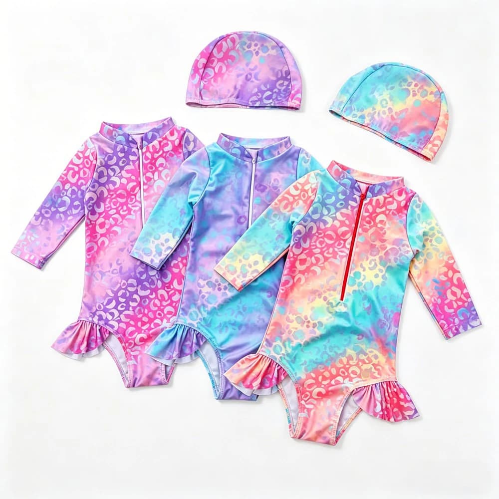 Costume da bagno intero per bambina a maniche lunghe, con stampa leopardata sfumata, chiusura con cerniera frontale, ad asciugatura rapida, con cappuccio da nuoto