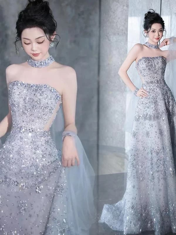 Flash Diamond Grey Wedding Dress Evening Gown Baptism Birthday Art Exam Adult Ceremony Evening Gown Morning Robe 20090Q