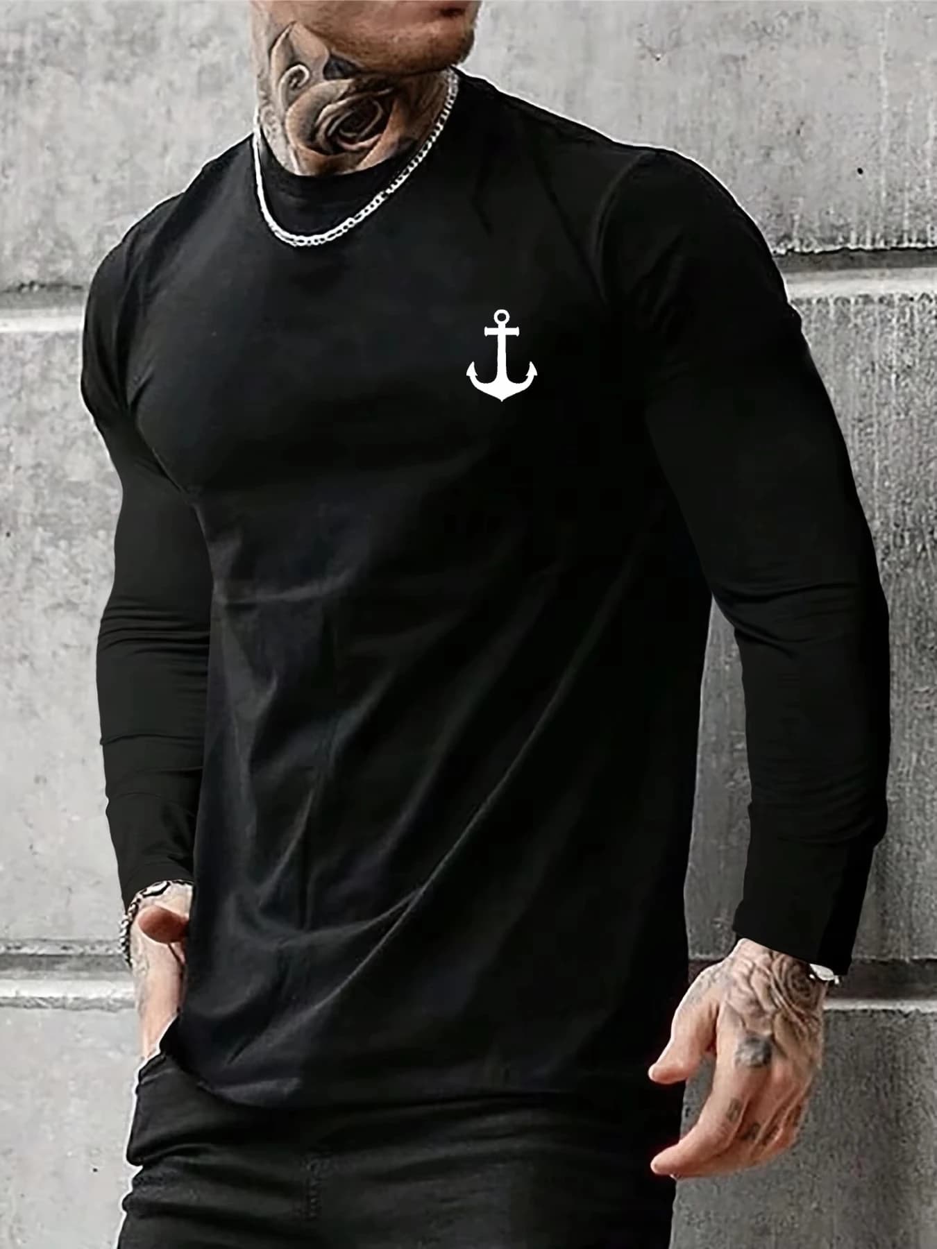 2025 Autunno Nuovo modello di ancoraggio della barca stampato T-shirt da uomo a maniche lunghe Casual quotidiano O-Collo Tees Abbigliamento maschile Allentato Top oversize