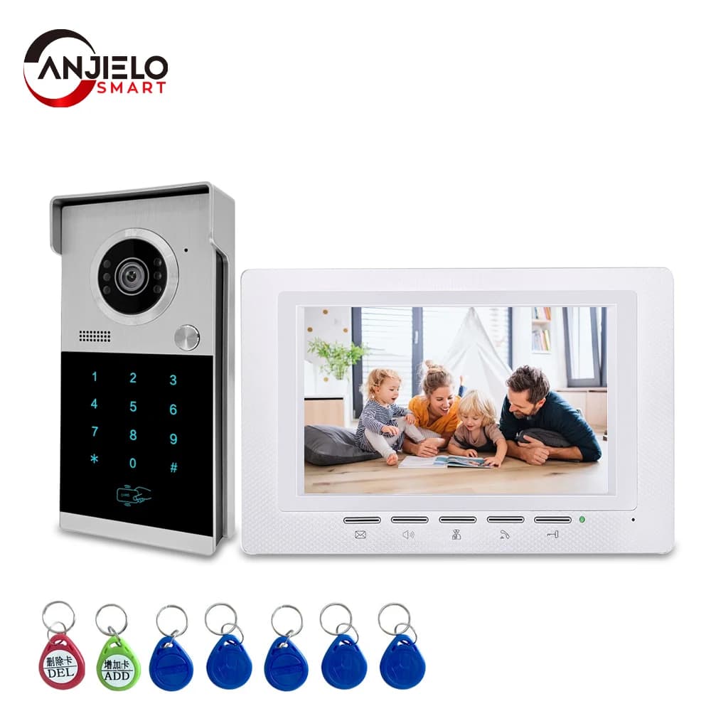 Anjielo Sistema citofonico campanello video con sblocco password scheda magnetica cablata da 7 pollici a 4 fili, campanello per visione notturna a infrarossi per la casa