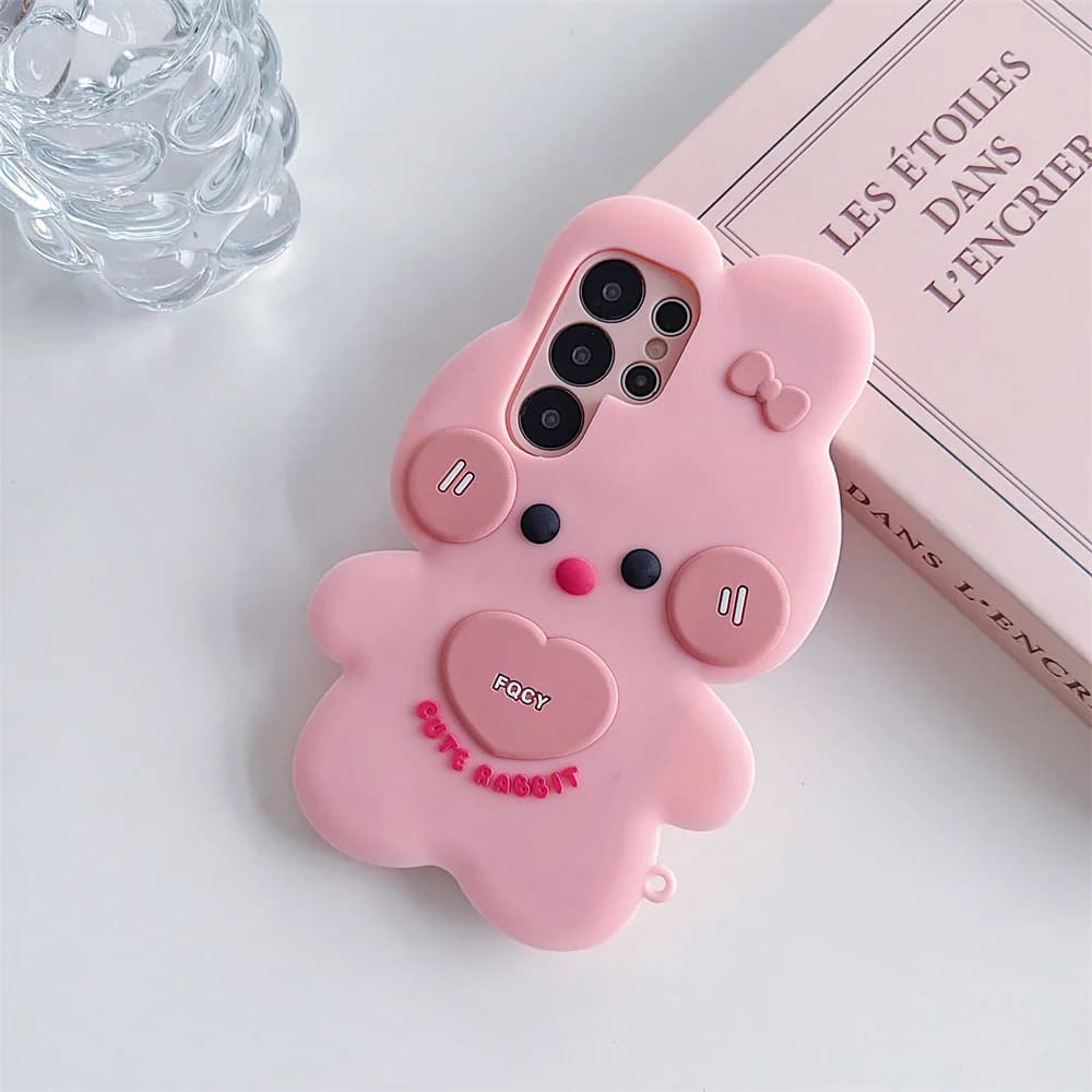 S26 Ultra Sweet Kawaii 3D Pink Bow Bunny Phone Case for SamSung Galaxy S25 S24 S23 A57 A56 Soft Silicone Rabbit Protect Cover