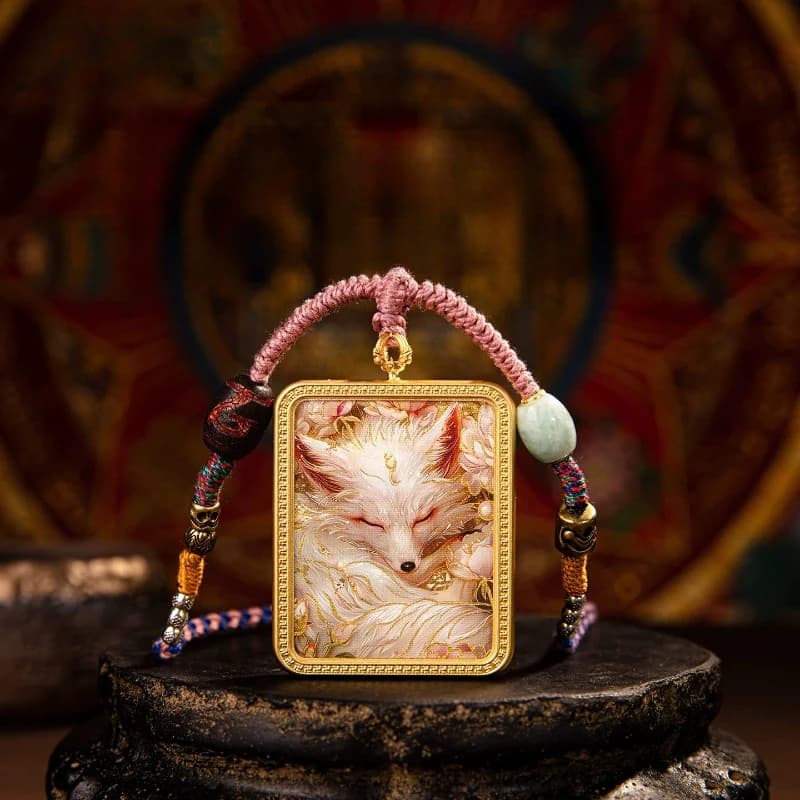 Collana Thangka semipittorizzata a mano con volpe a nove code e fiore di pesco, con perla di giada per il trasferimento, catena per maglione, regalo portafortuna