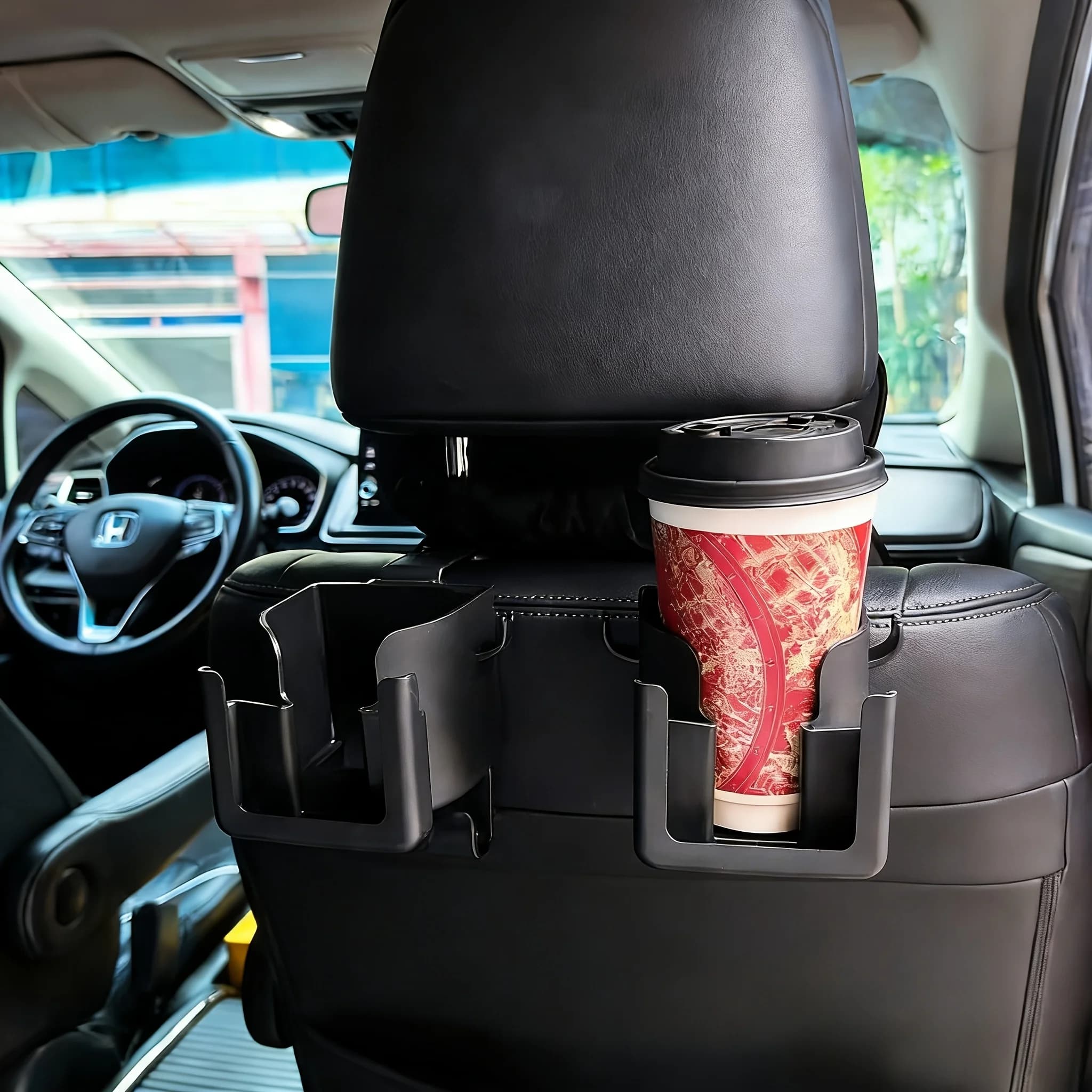Portabicchieri posteriore per auto con drenaggio integrato. Nessuna perforazione richiesta. Portabicchieri per schienale del sedile. Supporto per Telefono con Gancio per Sacchetti della Spazzatura Tre in Uno