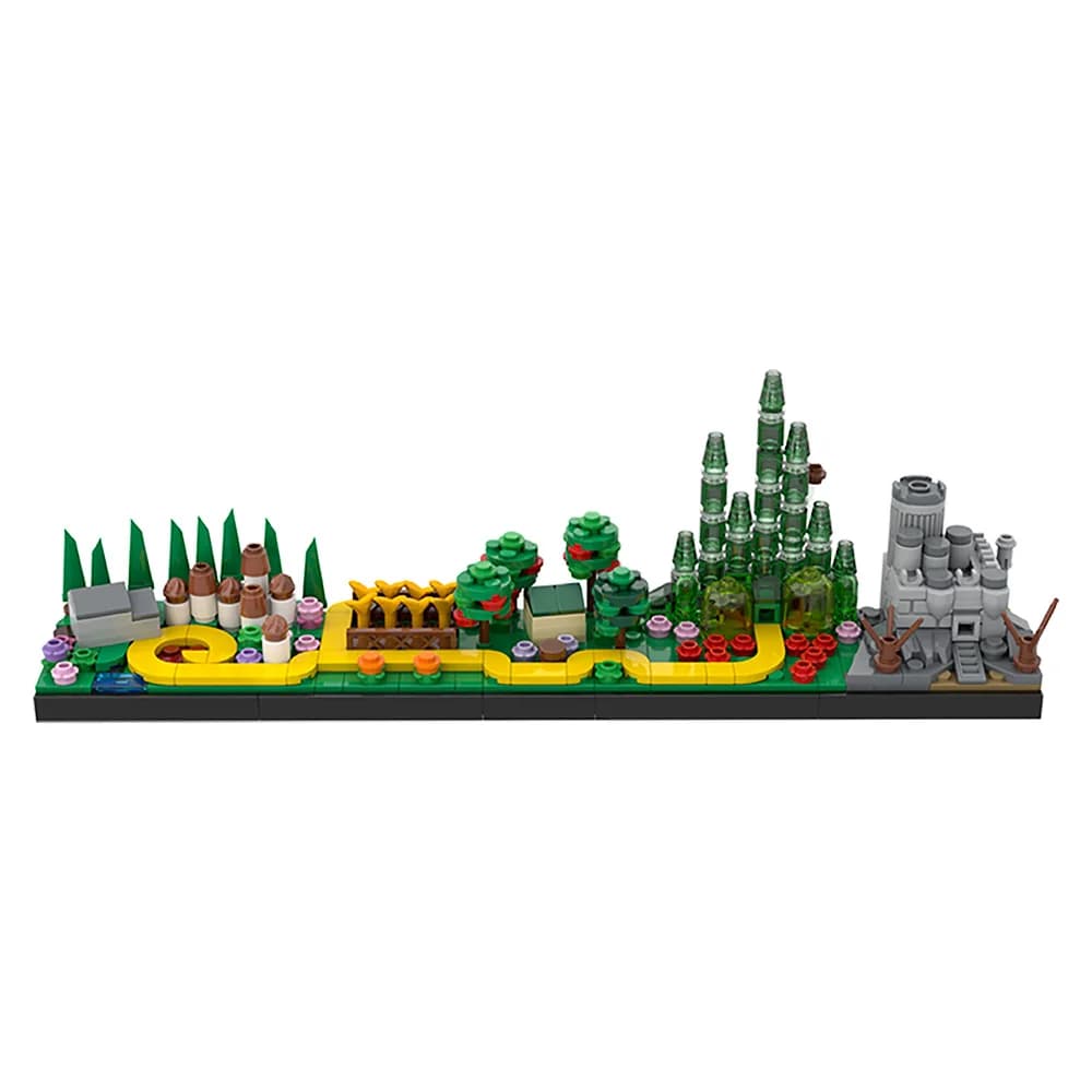 Mago di Oz Skyline MOC Building Blocks, Architettura della città smeraldo con strada di mattoni gialli, Diorama da tavolo per adulti