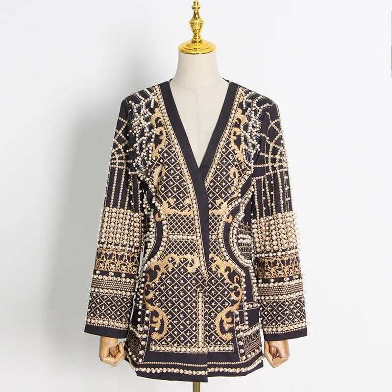 2026 spring new fashion elegant beaded printed long-sleeve women's jacket V neck suit with beaded jacket