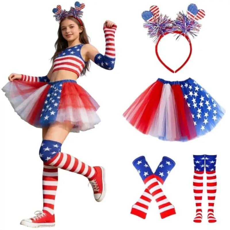 American Flag Tutu Skirt Costume Set with Heart Headband and Striped Socks Wrist Brace for Independence Day Party Cosplay Prop