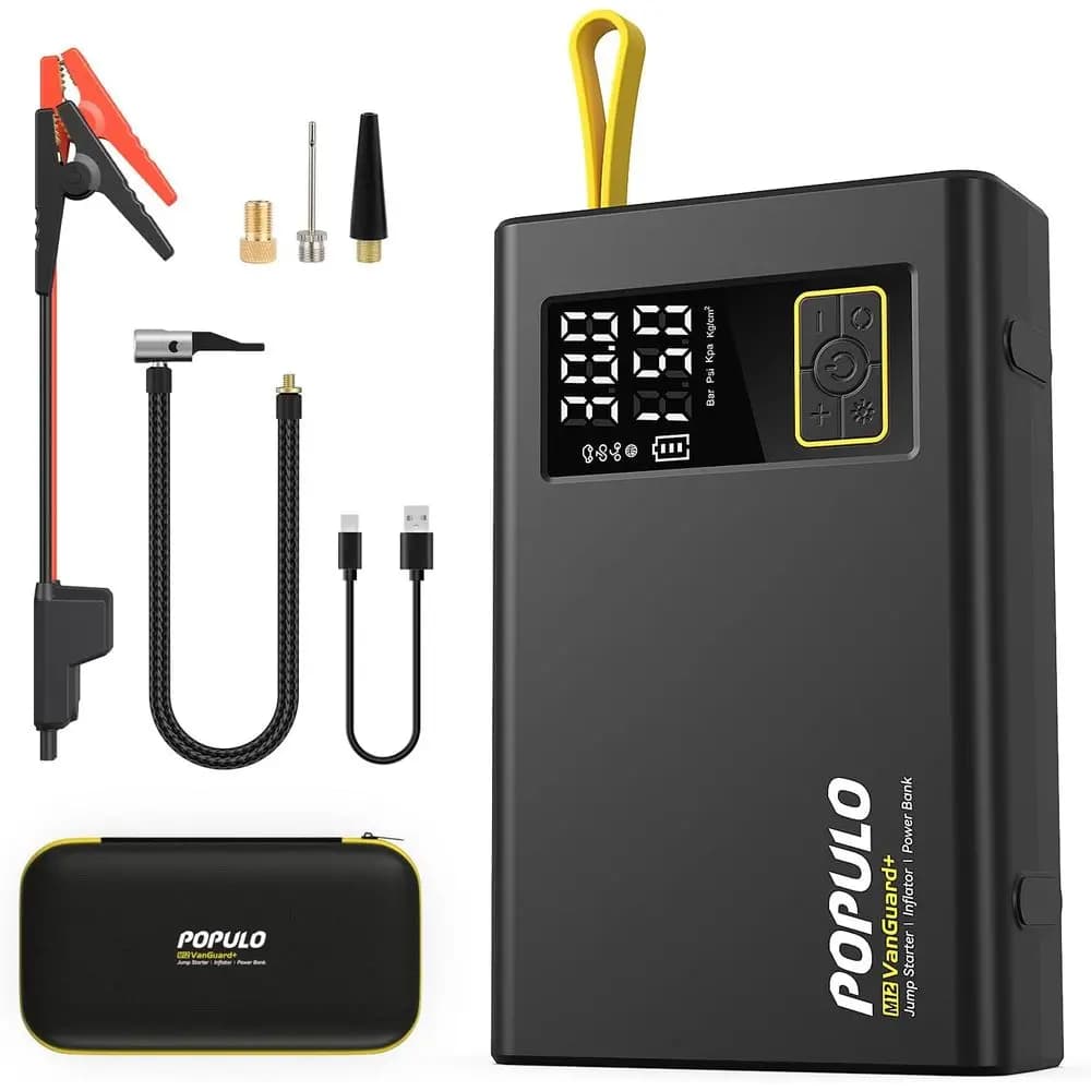 Portable 12V 59.2Wh Jump Starter Kit with Air Compressor, 150PSI Tire Inflator, and 3000A Smart Clamps for All Gas Engines