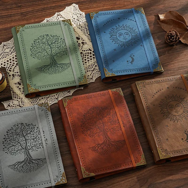 A5 Refillable Leather Journal, Retro Life Tree & Sun Design Notebook, Gothic Witch Diary for Daily Use