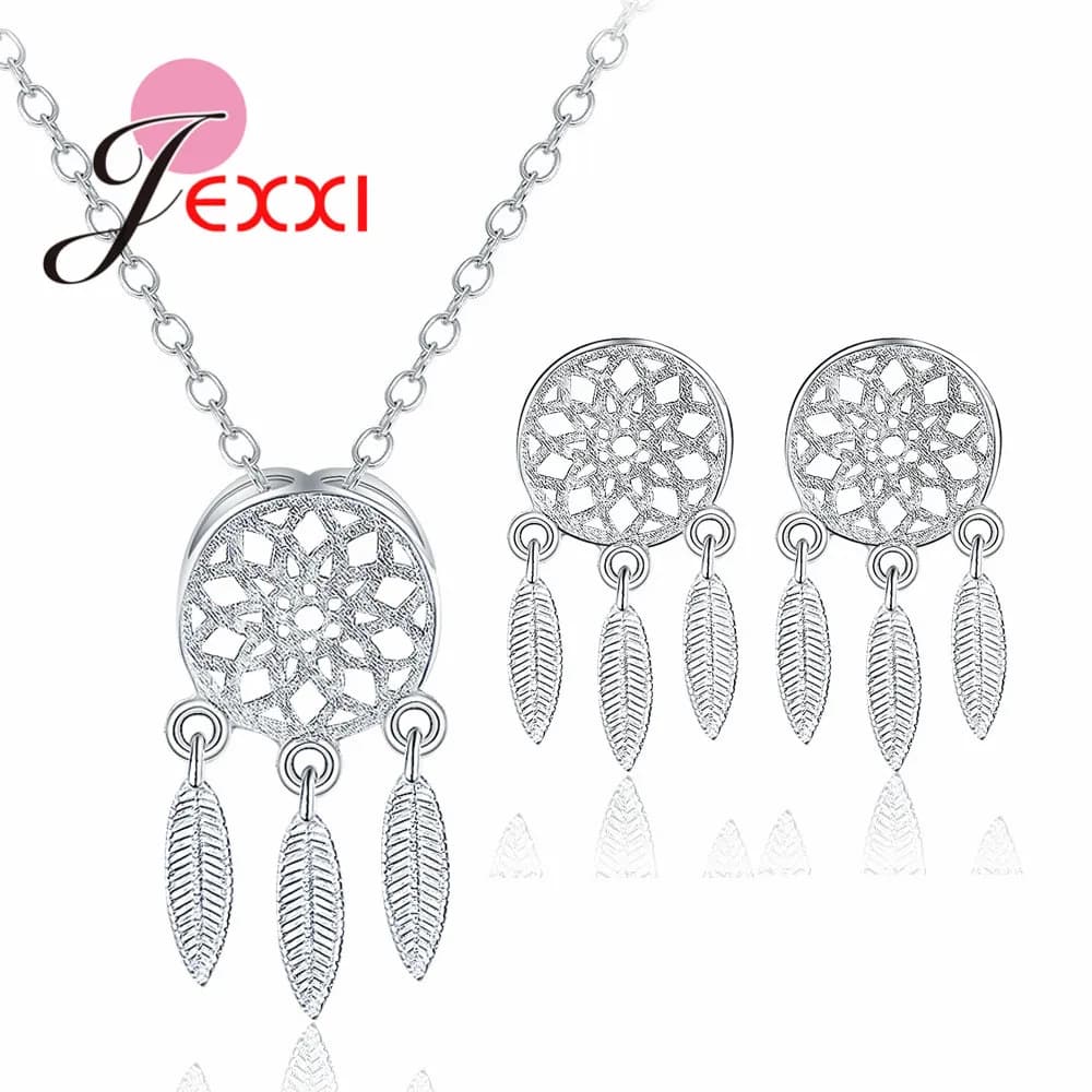 Dreamcatcher Style Fashion 925 Sterling Silver Jewelry Set for Women Necklace Earrings Party Accessories