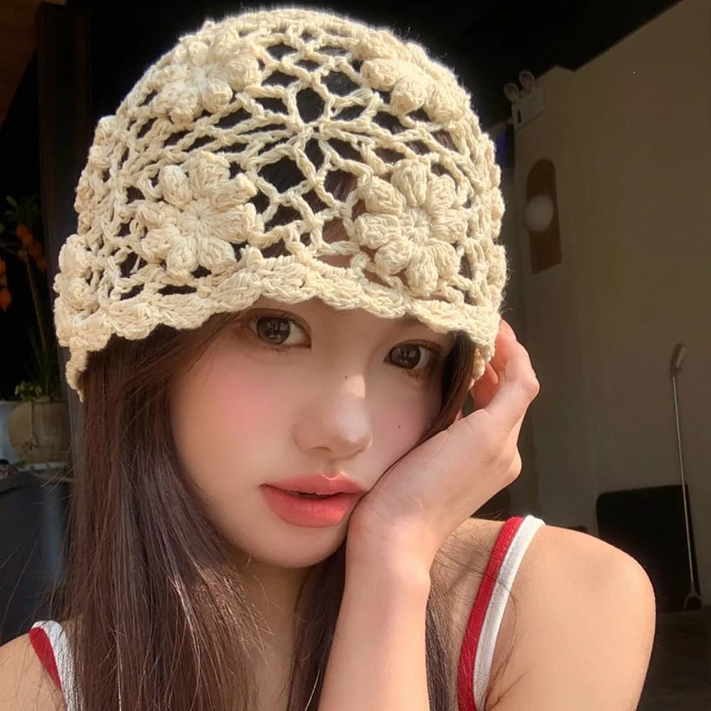 Ins Hollow Women Bald Hat Hand Hook Spring and Summer Candy Knitted Hat 3D Flower Crochet Beanie Cap