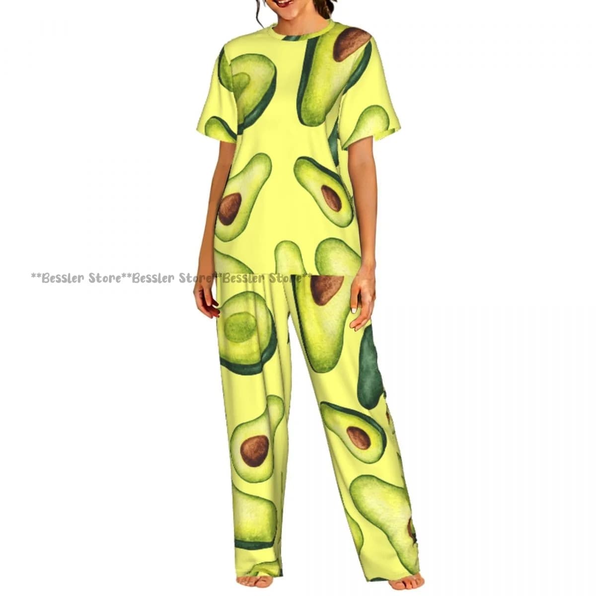 Set Pigiama with Print Avocado in Watercolor, Sleeves Court, Homewear for Women