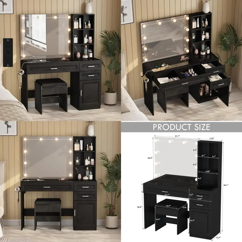 Large Desk for Make-up with Glass Plan, Illuminated Mirror, Multi-Plastic Clamp and Hair Holder