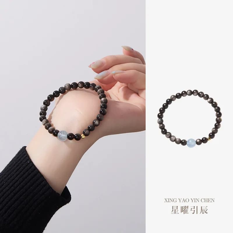 Bracciale in ossidiana naturale da 6 mm per donna con acquamarina, perline di cristallo di fascia alta che attirano la ricchezza