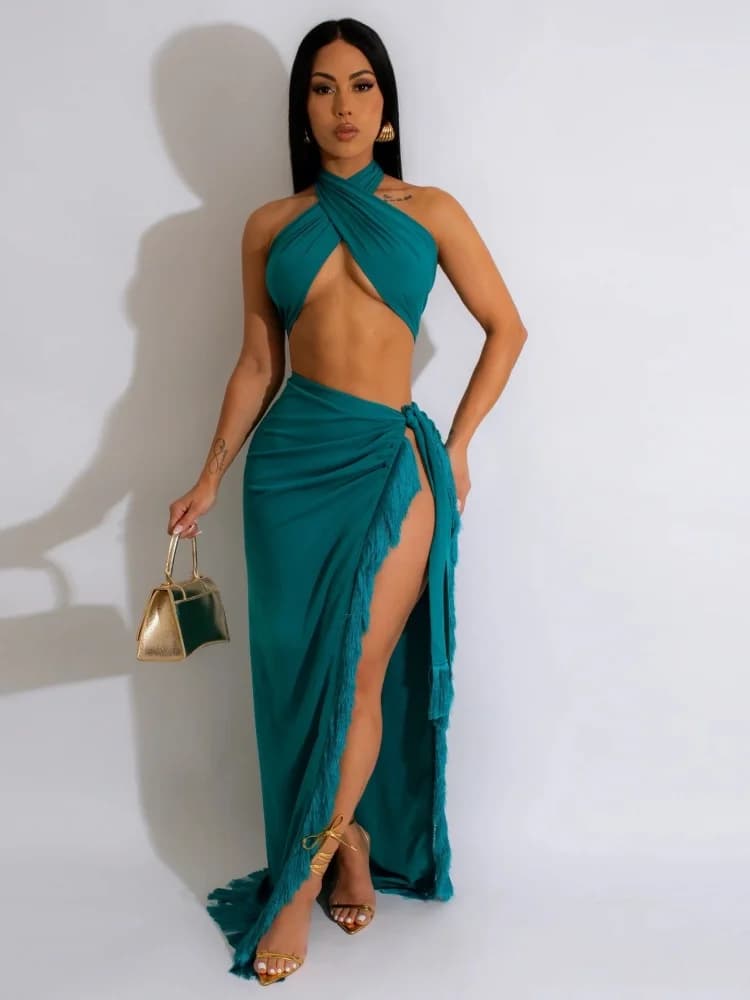 Tre sorelle 2025 Summer Women's Sexy Spice Girls Night Club senza maniche avvolgente cinturino pettorale nappa divisa abito in due pezzi