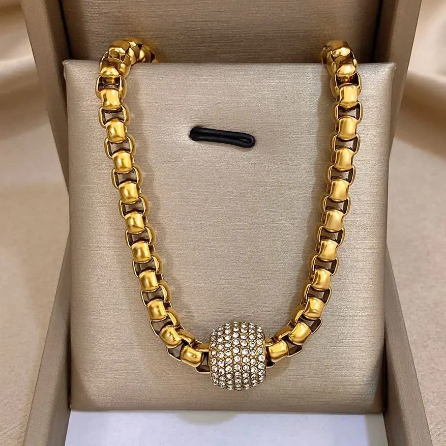 Punk Chunky Women's Men's Necklace Gold Color Thick Chain Inlaid Rhinestone Cube Ball Pendant Statement Fashion Jewelry Gift