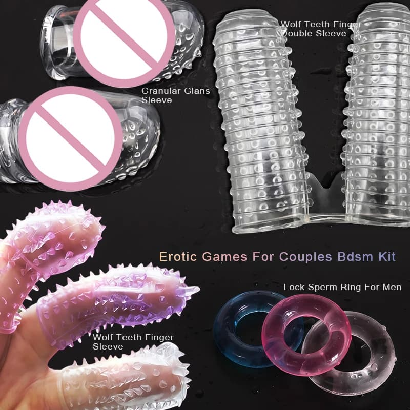 Giocattoli intimi erotici in coppia Denti di lupo Dito G-Spot Copertura per massaggio Granulare per ingranditore del pene Blocco manica Anello per sperma Sex Sho