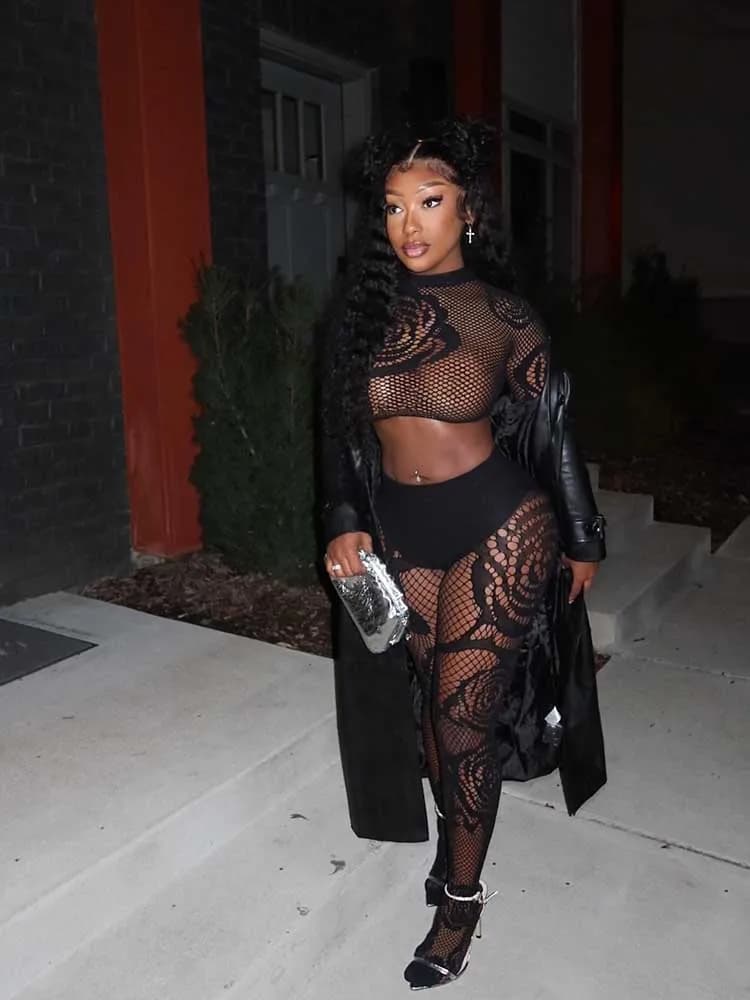 Women's Two-piece Pyjama Set Mesh Club Wear Hollow Out Long Sleeve Cro Ptop and Pants Sexy Underwear Outfit
