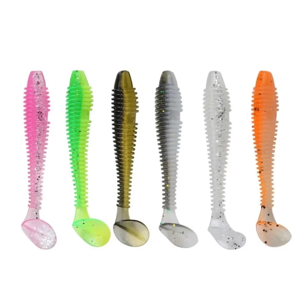 Set di 5 Esche Morbide da Pesca con Coda a T da 6,5 cm, Esca Artificiale in PVC con Amo, Wobbler per Bass, Trota, Acqua Dolce e Salata