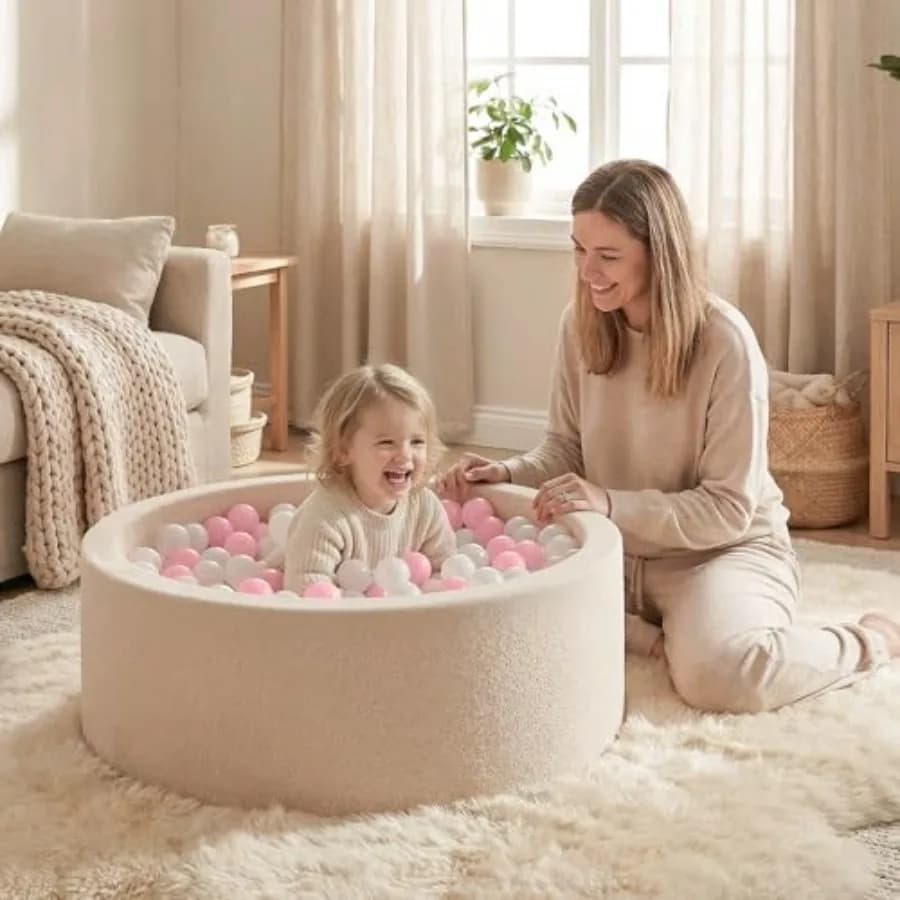 Piscina di Palline in Schiuma per Bambini Teddy-Velvet: Giocattolo Ultra-Morbido per Interni ed Esterni per Bambini 1-3 Anni, Texture Vellutata, Beige, Sicuro e Non Tossico