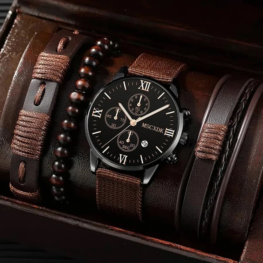 4 pcs quartz wristwatch set for men Business Fashion Casual Round Pointer Calendar watches accessories