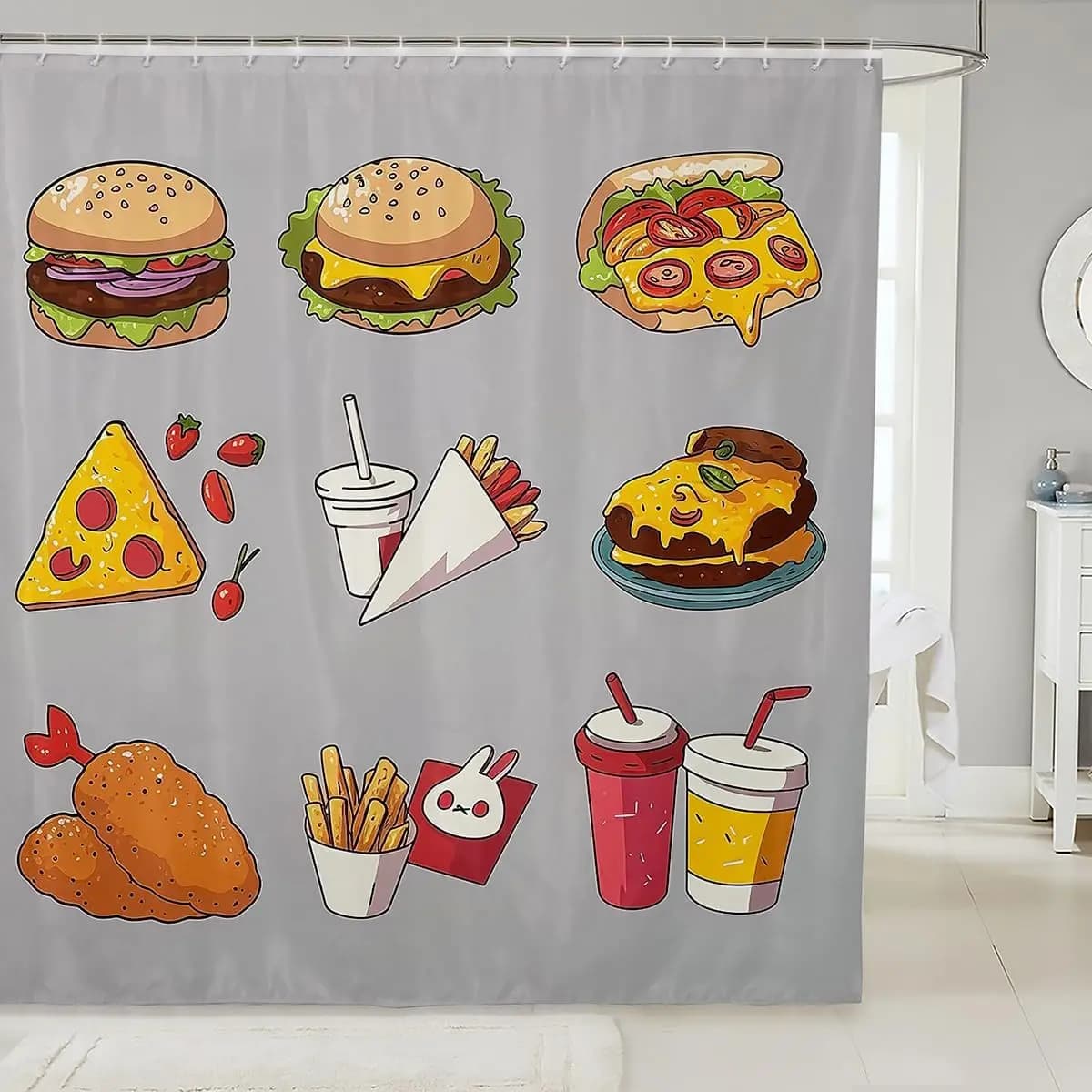 Deliziosa tenda da doccia fast food per il bagno, tenda da bagno deliziosa hamburger del fumetto, bagno impermeabile con patatine fritte e pizza