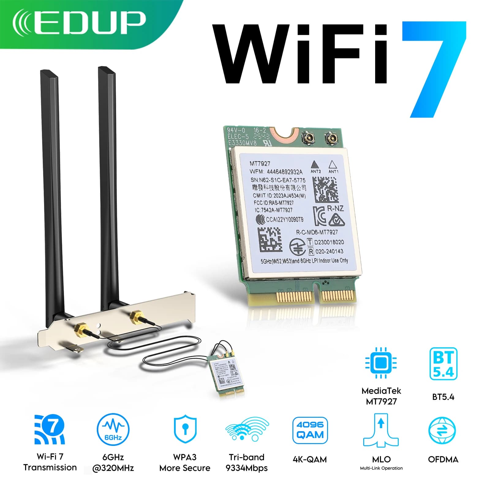 Adattatore PCIe EDUP MT7927 Pro WiFi 7 Tri-Band 2.4G 5G 6GHz fino a 9334Mbps con Antenne MLO 6dBi, BT5.4, WPA3 per PC Desktop Linux e Win11