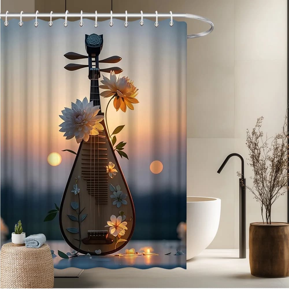 Tenda da doccia con lute con fiori, design floreale al tramonto vibrante, poliestere resistente allo sbiadimento, accenti per la casa accoglienti