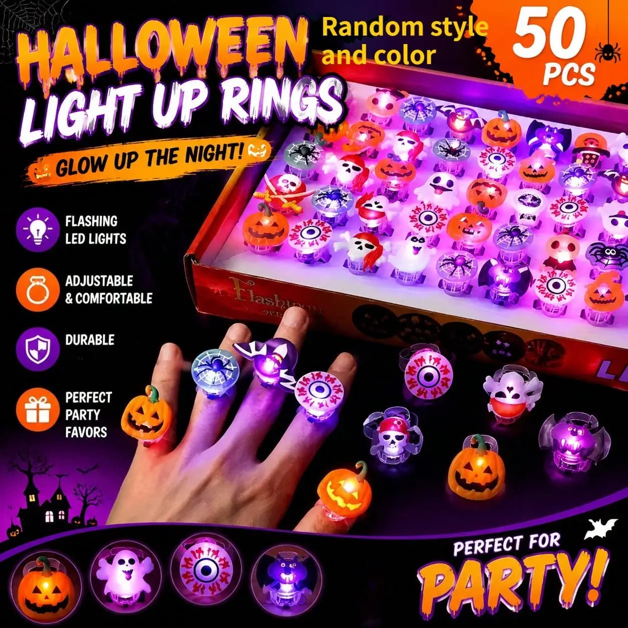 50 LED Night Light Halloween Rings - Random Colors and Styles Pumpkin Skeleton Bat Cute and Bizarre Design Dress Up Party Gifts