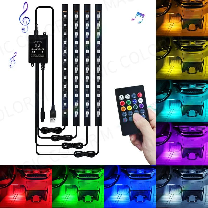 48/72 Led Auto Piede Luce Ambientale RGB Interni Automotive Lampada Atmosfera Decorativa Retroilluminazione Striscia USB Telecomando Senza Fili