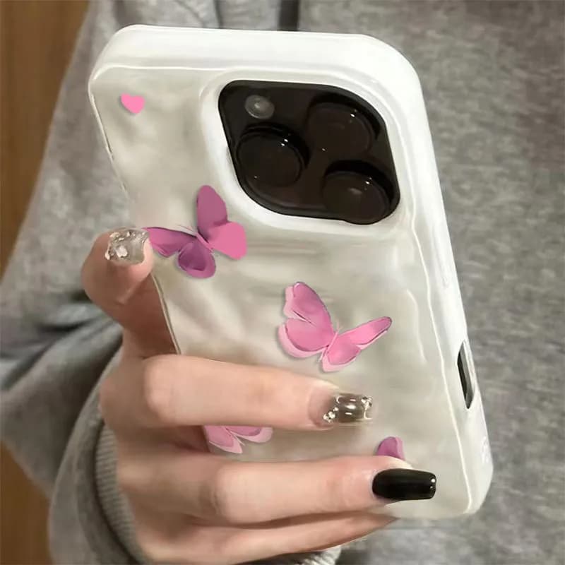 Advanced Pink Butterfly Phone Case for iPhone 17 16 15 14 13 11 12 Pro Max Plus 17 Air Folds Texture Shockproof Soft Cover