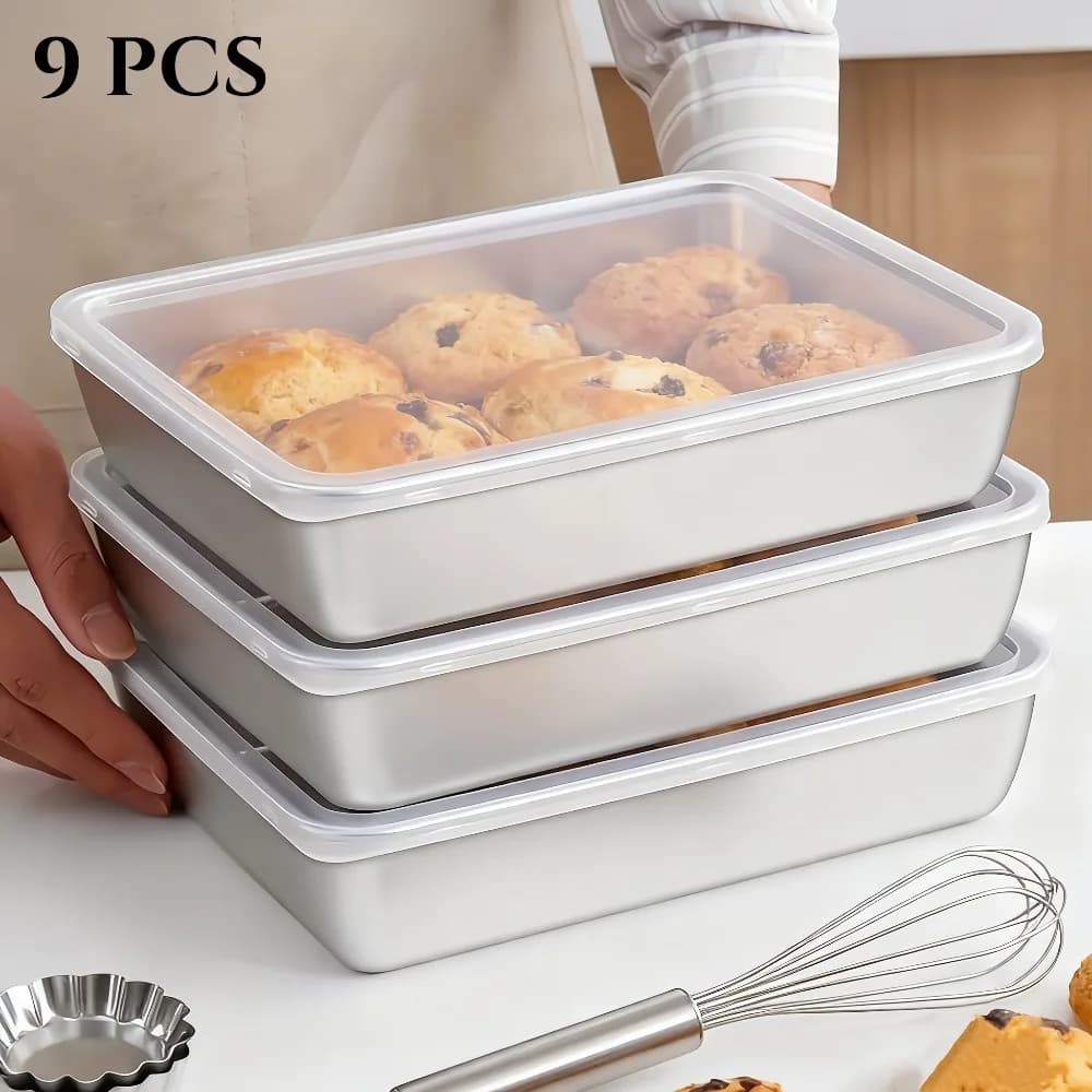 Contenitori per alimenti da forno in acciaio inossidabile da 9 pezzi, impilabili per microonde, per biscotti, torte di pane, preparazione di pasti da cucina