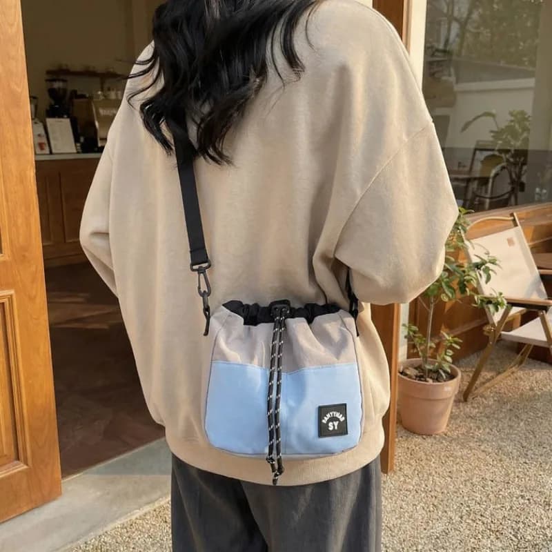 Borsa a secchiello da esterno con coulisse a contrasto di colore, casual, a tracolla, leggera, per escursioni