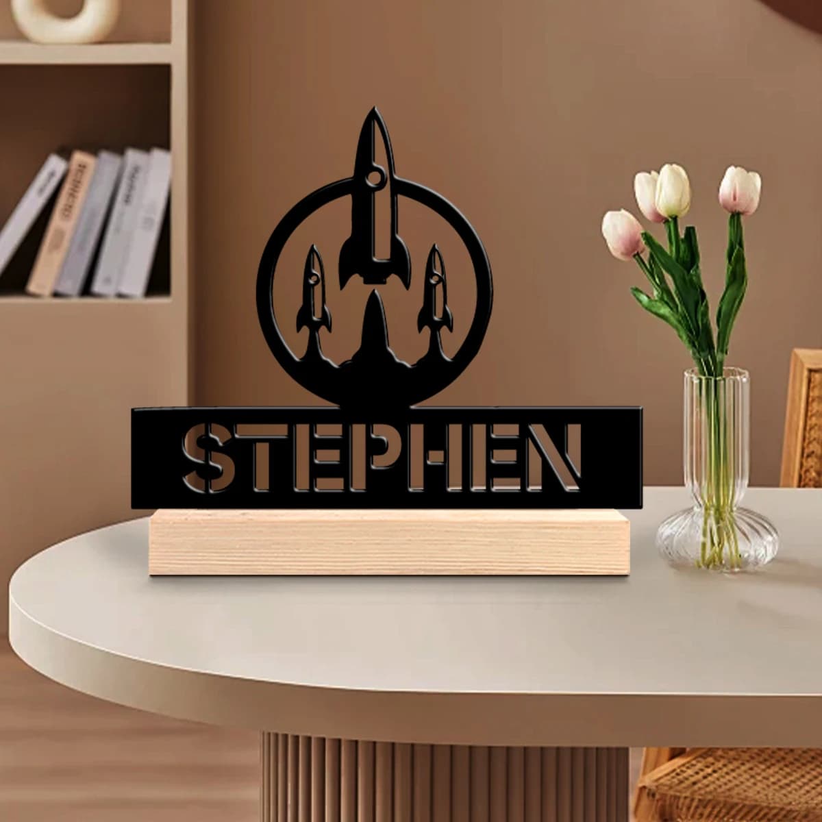 1pc Customized Minimalist Metal Ornaments Custom Content With Wooden Base Desktop Decoration That Does Not Require Assembly