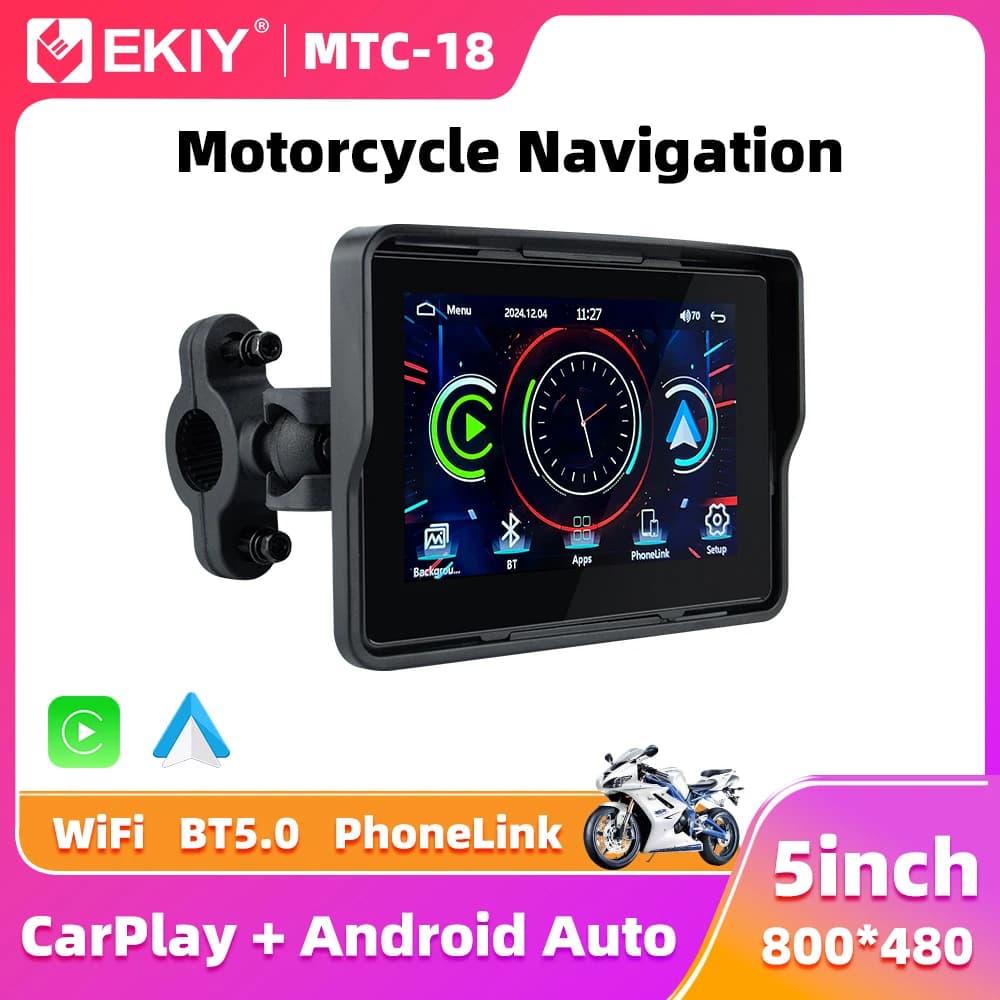 EKIY Schermo di visualizzazione della navigazione GPS per moto da 5 pollici Cruscotto digitale portatile per moto Wireless CarPlay Moto Android Auto