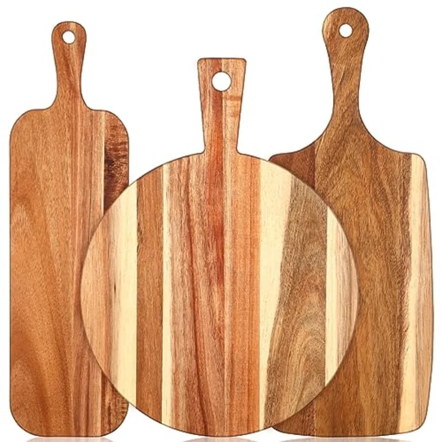 Set di 3 Taglieri in Legno di Acacia con Manico, Tagliere per Salumi e Formaggi di Varie Dimensioni, Vassoio da Portata