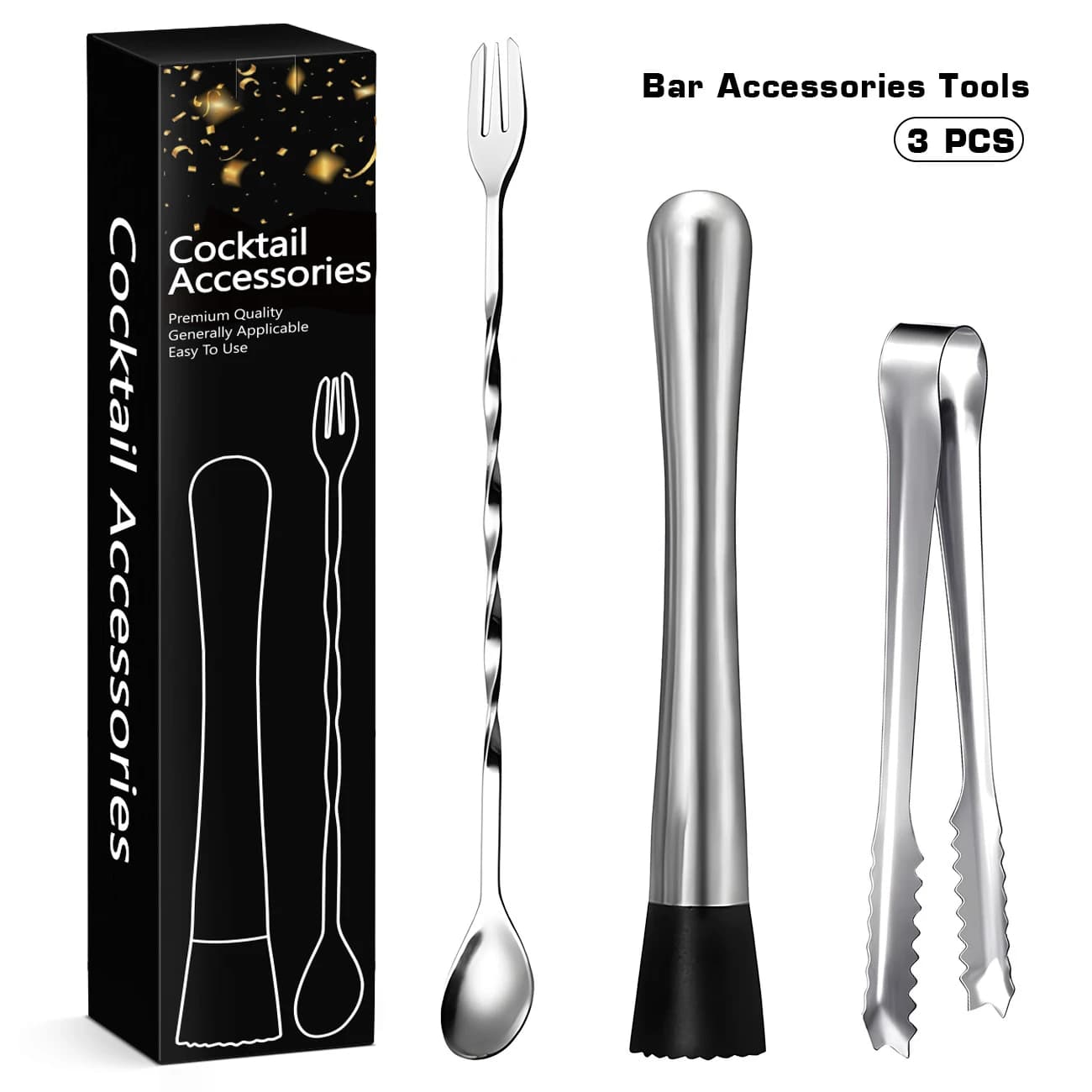 Set di Strumenti da Bar per Cocktail, Muddler in Acciaio Inox con Testa in Nylon Anti-Graffio, Kit Professionale per Bartender