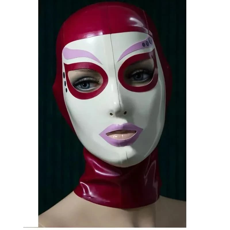Maschera di gomma con cappuccio in lattice rosso rosa sexy, viso bianco, occhi aperti, bocca con cerniera posteriore