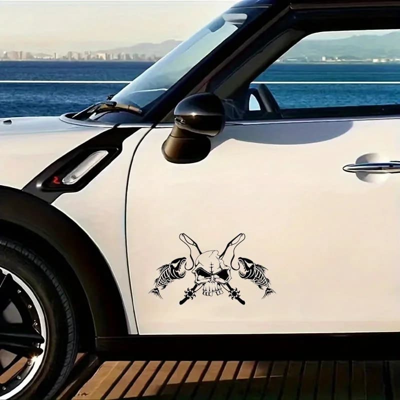 Fishing Skull Vinyl Stickers, Waterproof Door & Body Decals with Crossed Fishing Rods Design