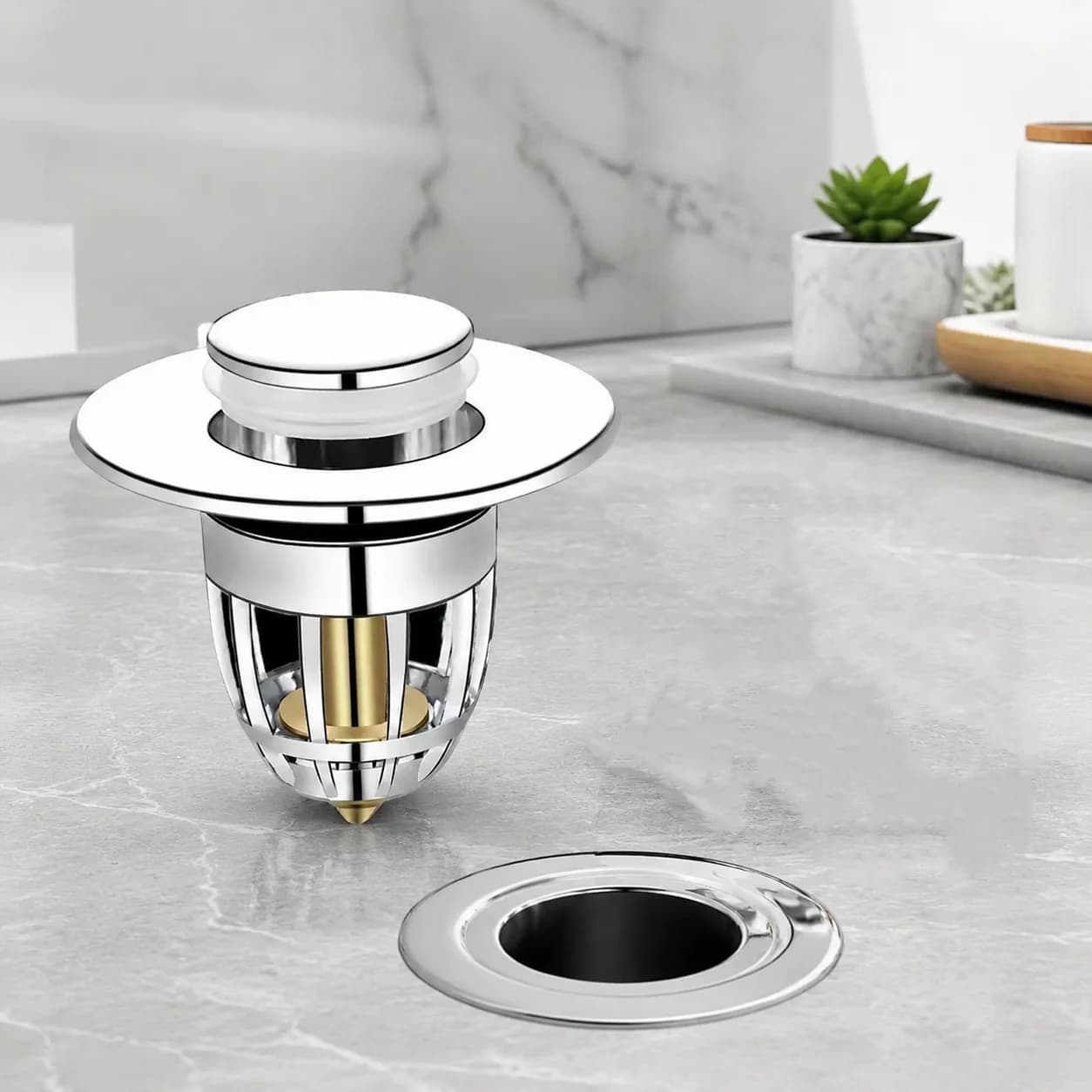 Universal Exhaust Cap for Bounce Filter for Pop-up Washbasin Filter for Chromed Sink with Hair Collector Unloading Tap for Bath Sink Easy Push Type