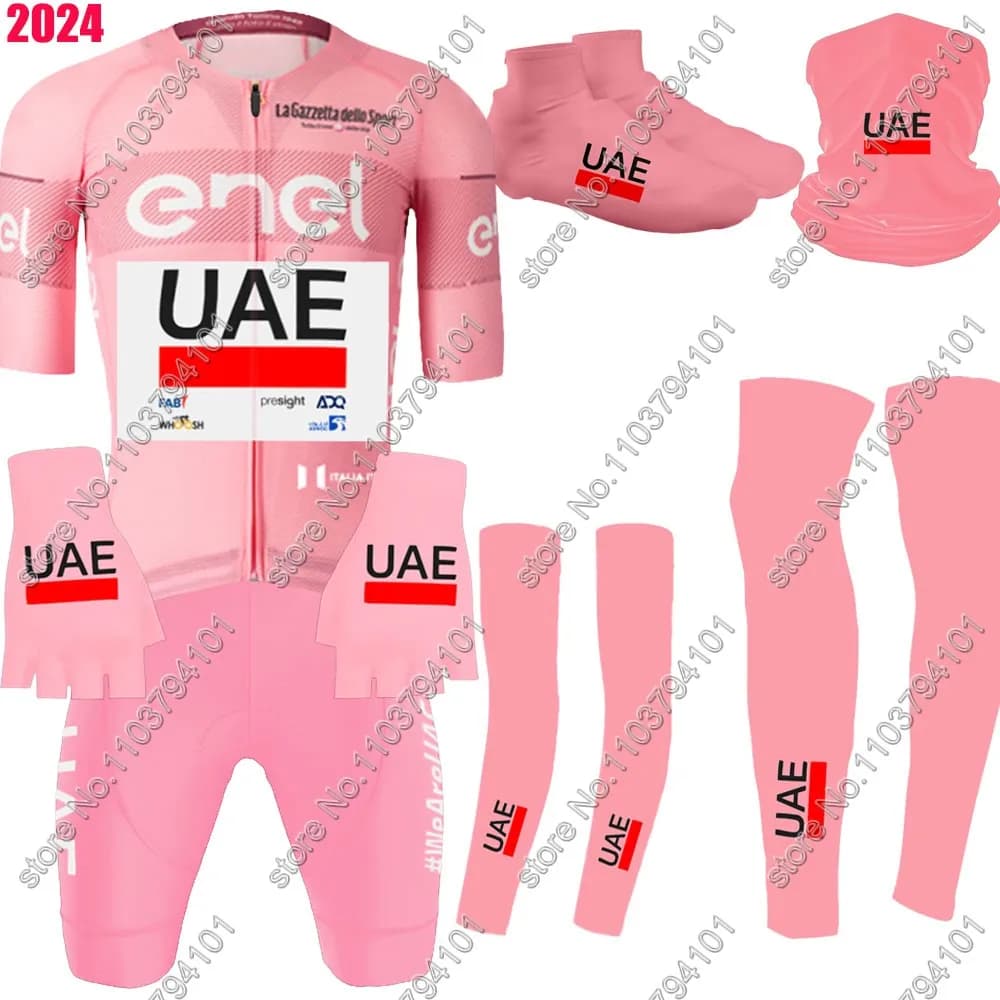 Maglia da ciclismo degli emirati arabi uniti 2024 Set rosa abbigliamento manica corta camicie da bici da strada estive tuta da bicicletta pantaloncini con bretelle MTB Maillot