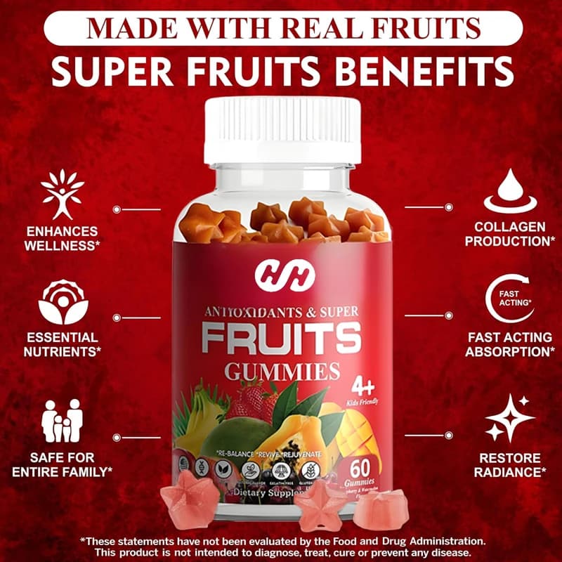 Made by generic Gummie supplements to the taste of super fruit, with 9 types of super beneficial vitamins (60 pills)