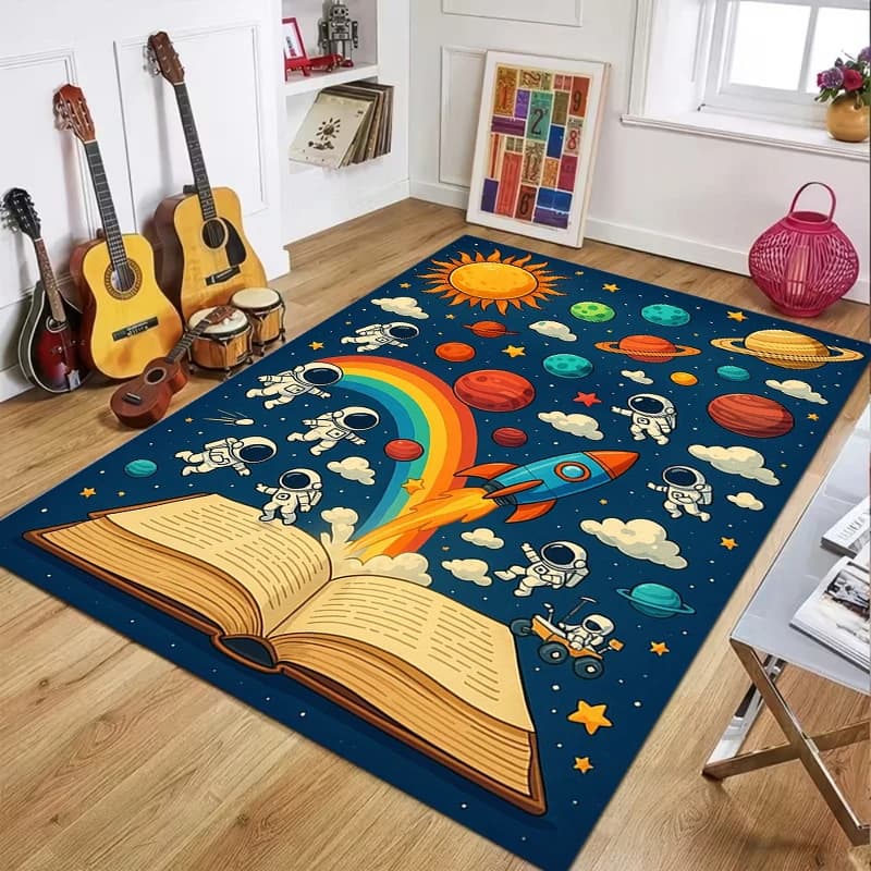 Solar System Non-Slip Area Rug, Educational Planet and Alphabet Carpet for and Decor