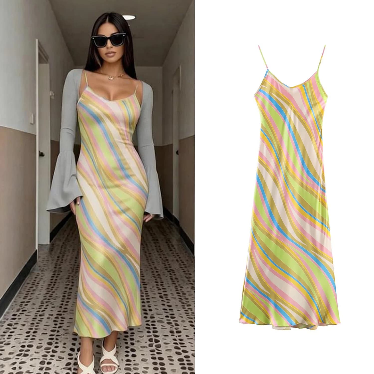 Women's Slim Camisole Long Dress Summer Female Youth Chic Striped Sleeveless Backless Dress Lady High Street Party Evening Dress